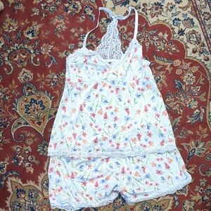 Laura Ashley White Floral Lace Pajama Short Tank Top Set Size Small